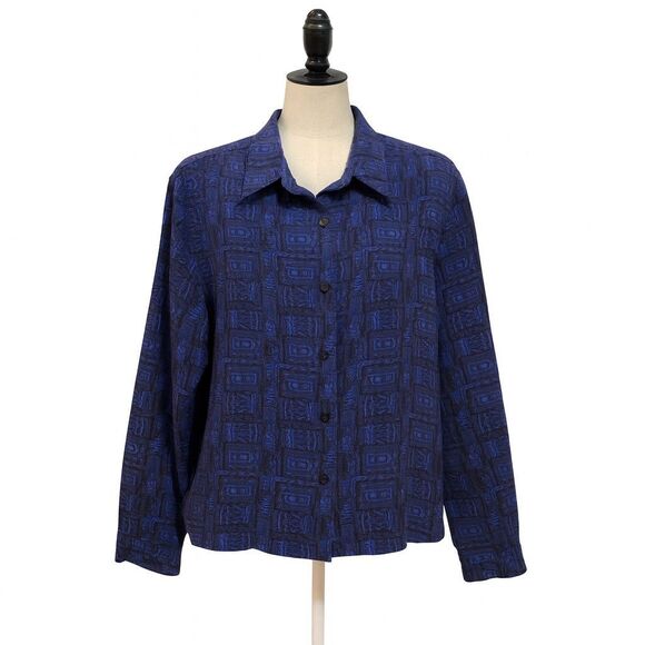 Chico's Shirt Womens 2 Blue Black Long Sleeve Button Up Geometric Pattern Basic - Picture 1 of 7